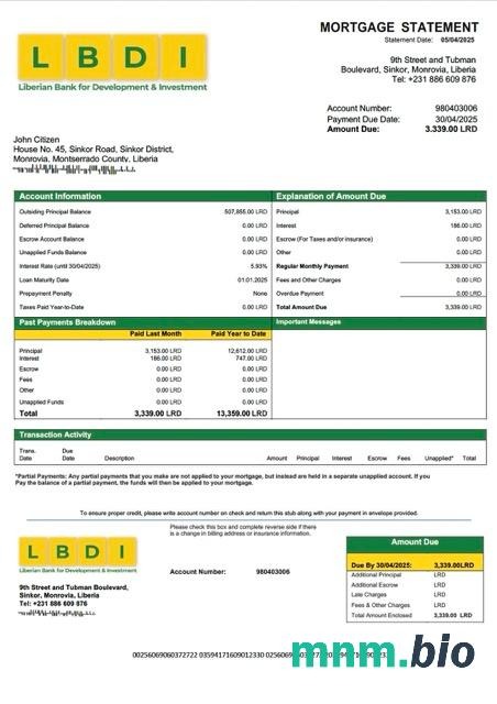 Liberia Bank Rozwoju i Inwestycji (LBDI) wyciąg z kredytu hipotecznego szablon Word i PDF